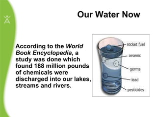 According to the  World Book Encyclopedia , a study was done which found 188 million pounds of chemicals were discharged into our lakes, streams and rivers. Our Water Now 
