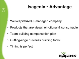 Isagenix ™   Advantage Well-capitalized & managed company Products that are visual, emotional & consumable Team-building compensation plan Cutting-edge business building tools Timing is perfect 