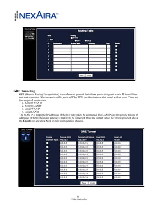 GRE Tunneling
   GRE (Generic Routing Encapsulation) is an advanced protocol that allows you to designate a static IP tunnel from
   one host to another. Other network traffic, such as IPSec VPN, can then traverse that tunnel without error. There are
   four required input values:
      1. Remote WAN IP
      2. Remote LAN IP
      3. Local WAN IP
      4. Local LAN IP
   The WAN IP is the public IP addresses of the two networks to be connected. The LAN IPs are the specific private IP
   addresses of the two hosts (or gateways) that are to be connected. Once the correct values have been specified, check
   the Enable box and click Save to store configuration changes.




                                                           35
                                                     ©2008 NexAira Inc.
 
