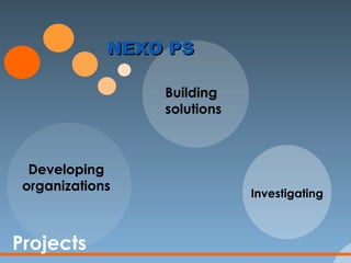 Projects NEXO PS Building solutions Developing organizations Investigating 