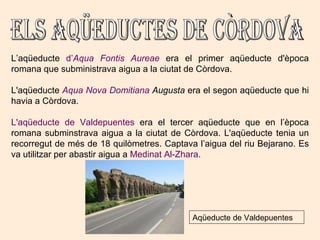 L’aqüeducte  d’ Aqua Fontis Aureae  era el primer aqüeducte d'època romana que subministrava aigua a la ciutat de Còrdova.  L'aqüeducte  Aqua Nova Domitiana  Augusta  era el segon aqüeducte que hi havia a Còrdova. L'aqüeducte de Valdepuentes  era el tercer aqüeducte que en l’època romana subminstrava aigua a la ciutat de Còrdova. L'aqüeducte tenia un recorregut de més de 18 quilòmetres. Captava l’aigua del riu Bejarano. Es va utilitzar per abastir aigua a  Medinat Al-Zhara . Els aqüeductes de Còrdova Aqüeducte de Valdepuentes 
