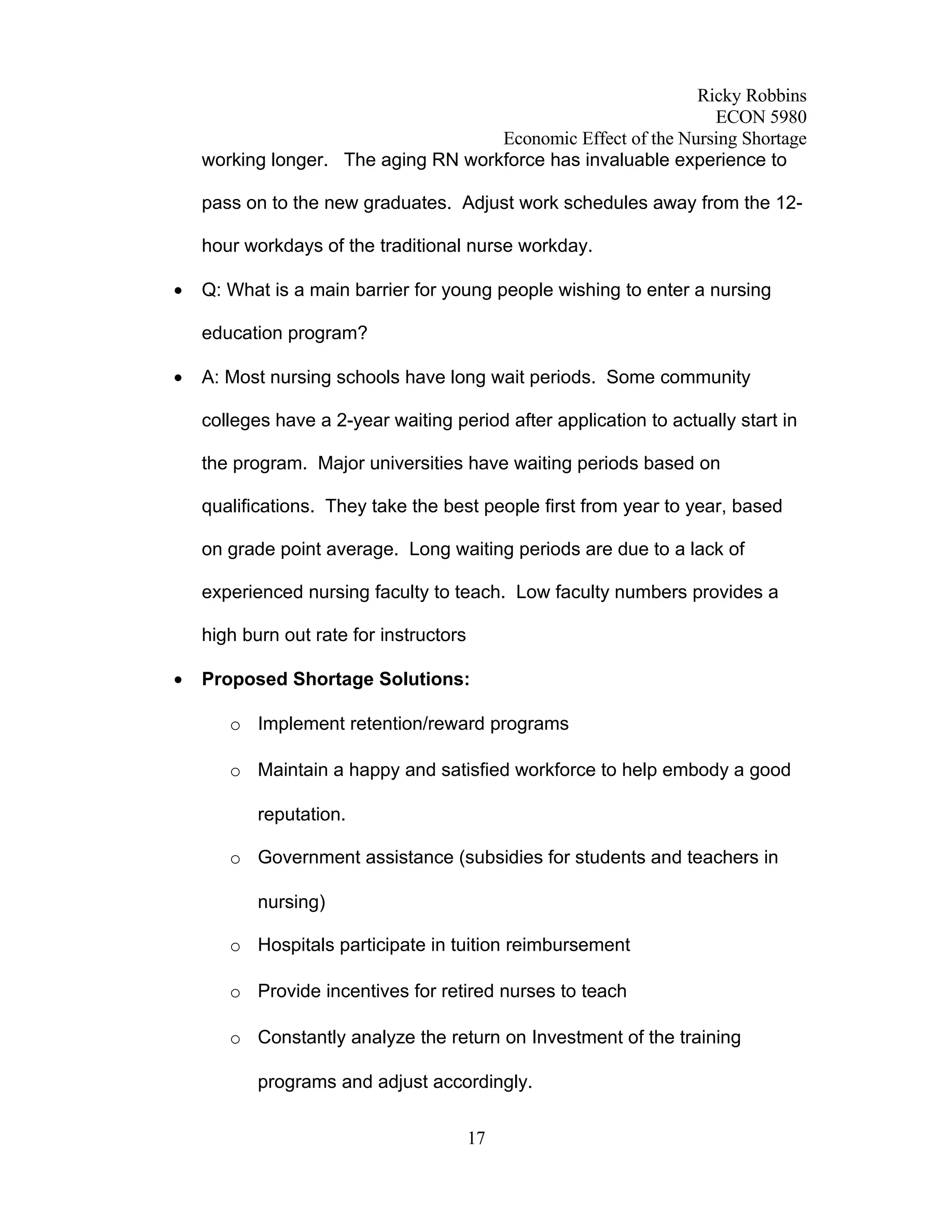 Economic Analysis of Nursing Shortage