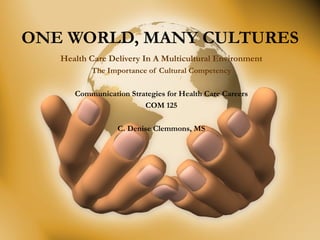 ONE WORLD, MANY CULTURES Health Care Delivery In A Multicultural Environment The Importance of Cultural Competency Communication Strategies for Health Care Careers COM 125 C. Denise Clemmons, MS 