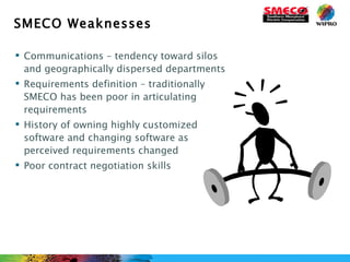 SMECO Weaknesses Communications – tendency toward silos and geographically dispersed departments Requirements definition – traditionally SMECO has been poor in articulating requirements History of owning highly customized software and changing software as perceived requirements changed Poor contract negotiation skills 