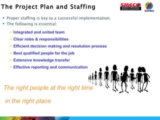 The Project Plan and Staffing Proper staffing is key to a successful implementation.  The following is essential:  Integrated and united team Clear roles & responsibilities Efficient decision making and resolution process Best qualified people for the job  Extensive knowledge transfer Effective reporting and communication  The right people at the right time  in the right place 