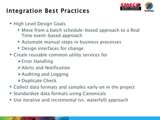 Integration Best Practices High Level Design Goals Move from a batch schedule-based approach to a Real Time event-based approach Automate manual steps in business processes Design interfaces for change Create reusable common utility services for Error Handling Alerts and Notification Auditing and Logging Duplicate Check Collect data formats and samples early on in the project Standardize data formats using Canonicals Use iterative and incremental (vs. waterfall) approach 