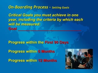 On-Boarding Process –  Setting Goals Critical Goals you must achieve in one year, including the criteria by which each will be measured: Goal  _________________________________ Progress within the  First 90 Days Progress within  6 Months Progress within  12 Months 