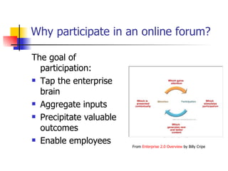 Why participate in an online forum? The goal of participation: Tap the enterprise brain Aggregate inputs Precipitate valuable outcomes Enable employees From  Enterprise 2.0 Overview  by Billy Cripe 
