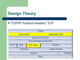 Design Theory TCP/IP Protocol headers: TCP 32 bits Ver. Source Port Destination Port Sequence Number Acknowledgement Number Window Checksum Options Padding TCP Flags Res. Data off.  Urgent Pointer Data 