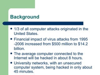 Background 1/3 of all computer attacks originated in the United States. Financial impact of virus attacks from 1995 -2006 increased from $500 million to $14.2 billion. The average computer connected to the Internet will be hacked in about 8 hours.  University networks, with an unsecured computer system, being hacked in only about 45 minutes. 
