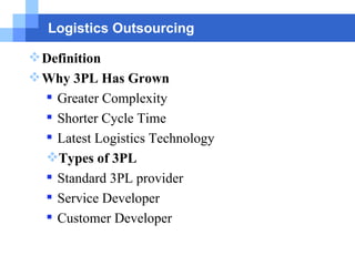 Logistics Outsourcing Definition Why 3PL Has Grown Greater Complexity  Shorter Cycle Time  Latest Logistics Technology Types of 3PL Standard 3PL provider Service Developer Customer Developer 
