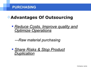 PURCHASING Advantages Of Outsourcing Reduce Costs, Improve quality and Optimize Operations ---Raw material purchasing Share Risks & Stop Product Duplication Company name 