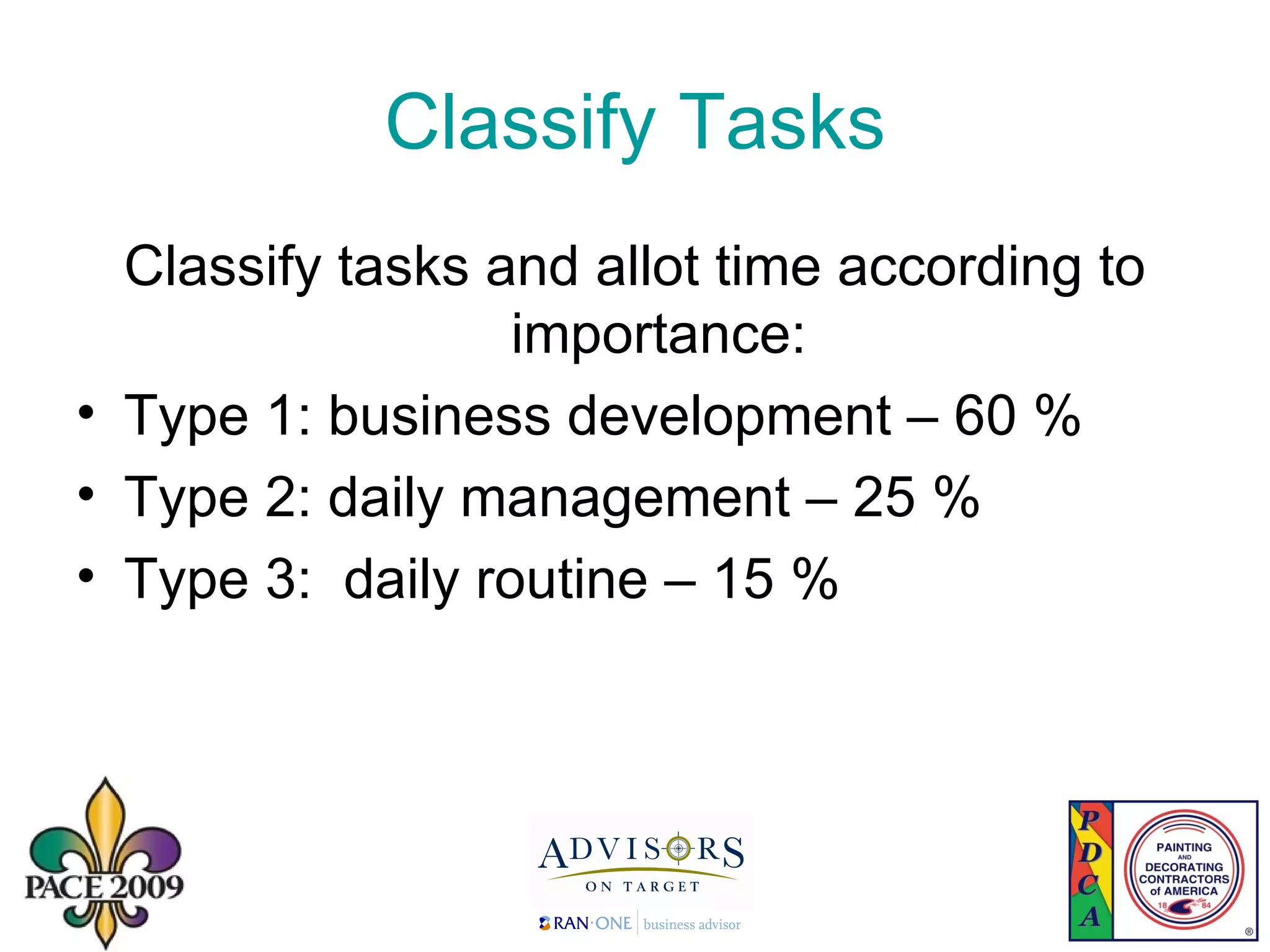 Classify Tasks Classify tasks and allot time according to importance: Type 1: business development – 60 %  Type 2: daily management – 25 % Type 3:  daily routine – 15 % 