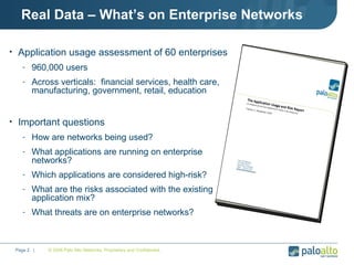 Real Data – What’s on Enterprise Networks Application usage assessment of 60 enterprises  960,000 users Across verticals:  financial services, health care, manufacturing, government, retail, education Important questions  How are networks being used? What applications are running on enterprise networks?  Which applications are considered high-risk? What are the risks associated with the existing application mix? What threats are on enterprise networks? © 2008 Palo Alto Networks. Proprietary and Confidential. Page    |  