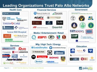 Leading Organizations Trust Palo Alto Networks © 2007 Palo Alto Networks. Proprietary and Confidential Page    |  Health Care Financial Services Government Mfg / High Tech / Energy Education Services Media / Entertainment / Retail 