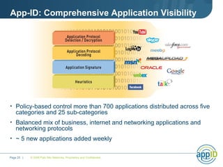 App-ID: Comprehensive Application Visibility Policy-based control more than 700 applications distributed across five categories and 25 sub-categories Balanced mix of business, internet and networking applications and networking protocols ~ 5 new applications added weekly © 2008 Palo Alto Networks. Proprietary and Confidential. Page    |  