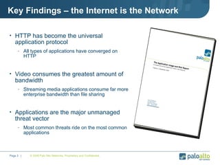 Key Findings – the Internet is the Network HTTP has become the universal application protocol All types of applications have converged on HTTP Video consumes the greatest amount of bandwidth Streaming media applications consume far more enterprise bandwidth than file sharing Applications are the major unmanaged threat vector Most common threats ride on the most common applications © 2008 Palo Alto Networks. Proprietary and Confidential. Page    |  