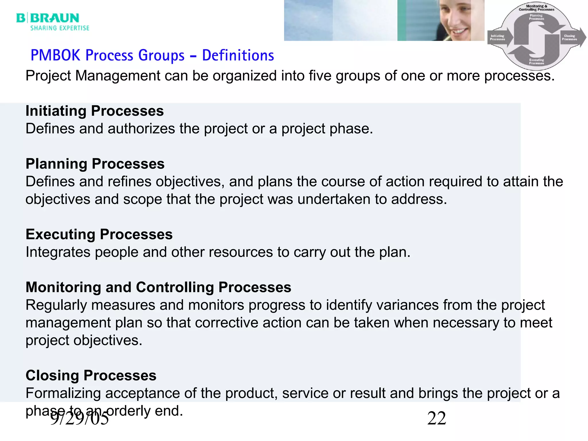 9/29/05 22
Project Management can be organized into five groups of one or more processes.
Initiating Processes
Defines and authorizes the project or a project phase.
Planning Processes
Defines and refines objectives, and plans the course of action required to attain the
objectives and scope that the project was undertaken to address.
Executing Processes
Integrates people and other resources to carry out the plan.
Monitoring and Controlling Processes
Regularly measures and monitors progress to identify variances from the project
management plan so that corrective action can be taken when necessary to meet
project objectives.
Closing Processes
Formalizing acceptance of the product, service or result and brings the project or a
phase to an orderly end.
PMBOK Process Groups - Definitions
 