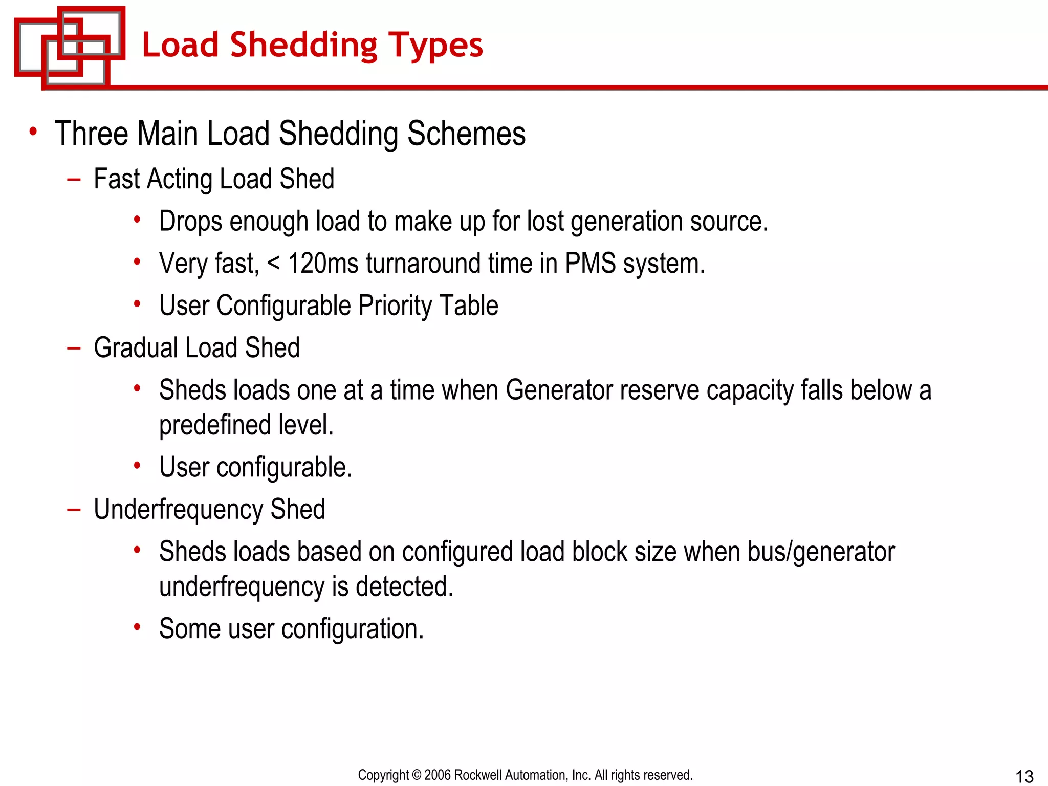 Load Shedding Types Three Main Load Shedding Schemes Fast Acting Load Shed Drops enough load to make up for lost generation source. Very fast, < 120ms turnaround time in PMS system. User Configurable Priority Table Gradual Load Shed Sheds loads one at a time when Generator reserve capacity falls below a predefined level. User configurable. Underfrequency Shed Sheds loads based on configured load block size when bus/generator underfrequency is detected. Some user configuration. 