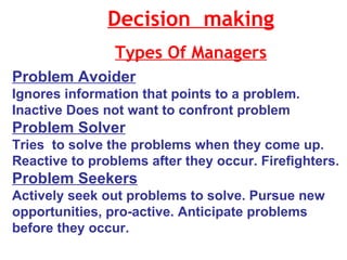 Decision  making Types Of Managers Problem Avoider Ignores information that points to a problem. Inactive Does not want to confront problem Problem Solver Tries  to solve the problems when they come up. Reactive to problems after they occur. Firefighters. Problem Seekers Actively seek out problems to solve. Pursue new opportunities, pro-active. Anticipate problems before they occur. 