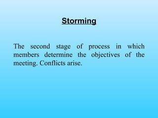 Storming The second stage of process in which members determine the objectives of the meeting. Conflicts arise.  