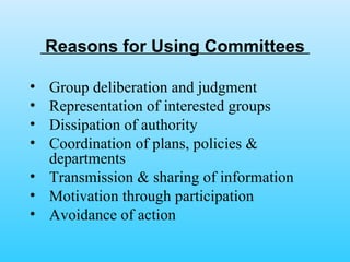 Reasons for Using Committees  Group deliberation and judgment Representation of interested groups  Dissipation of authority Coordination of plans, policies & departments  Transmission & sharing of information Motivation through participation Avoidance of action 