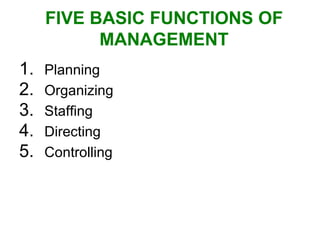 FIVE BASIC FUNCTIONS OF MANAGEMENT Planning Organizing Staffing Directing Controlling 