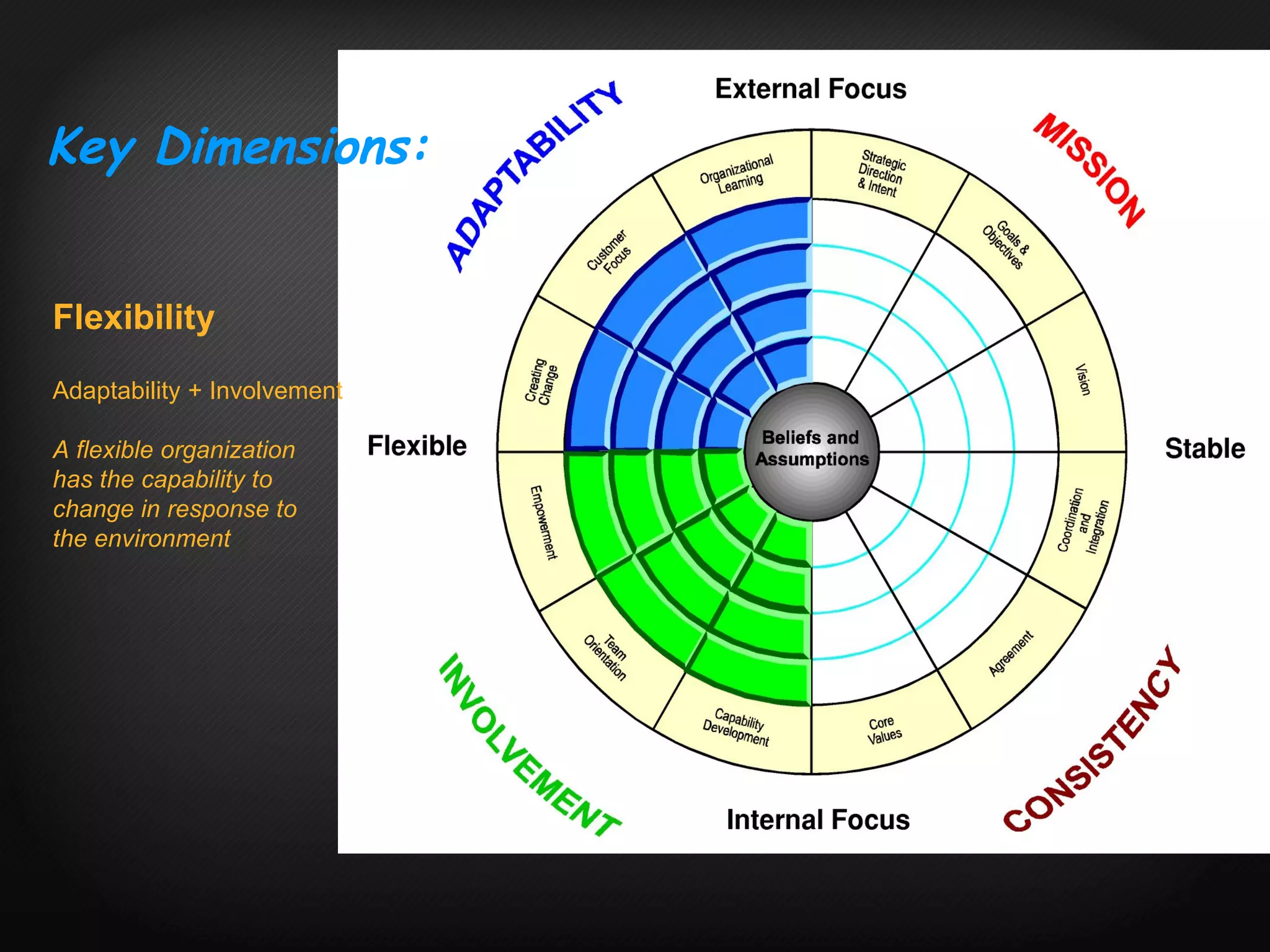 Flexibility Adaptability + Involvement A flexible organization has the capability to  change in response to  the environment  Key Dimensions: 