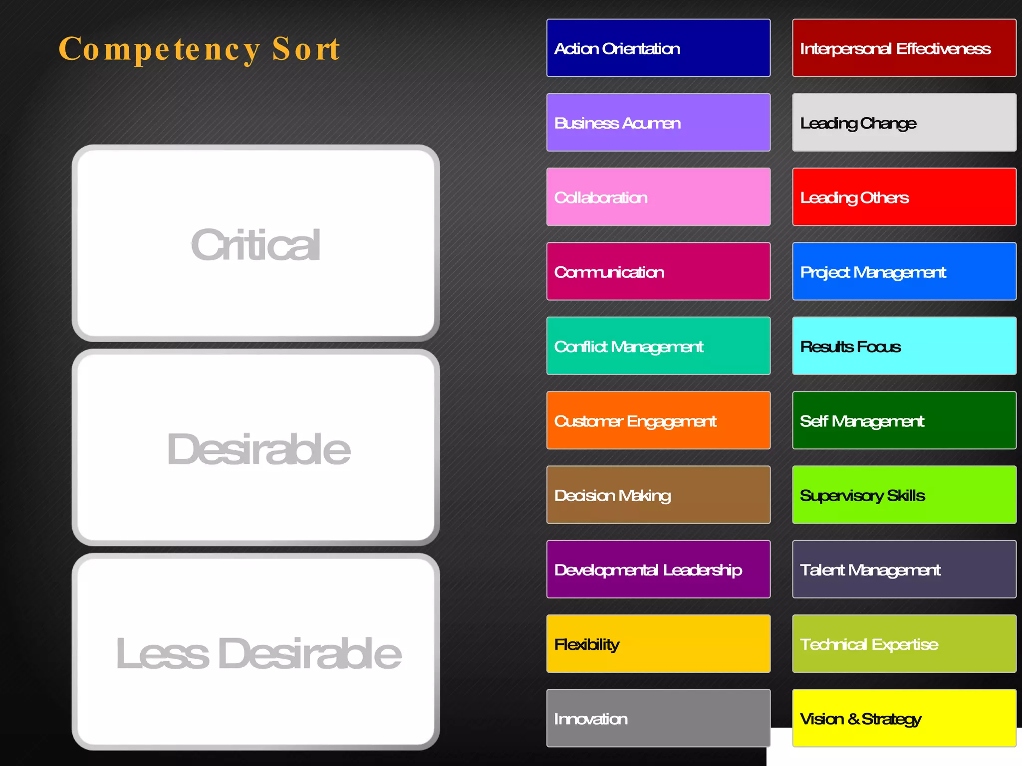 Business   Acumen Collaboration Communication Conflict Management Customer Engagement Decision Making Developmental Leadership Flexibility Innovation Interpersonal Effectiveness Leading Change Leading Others Project Management Results Focus Self Management Supervisory Skills Talent Management Technical Expertise Vision & Strategy Action Orientation Competency Sort Critical Desirable Less Desirable 