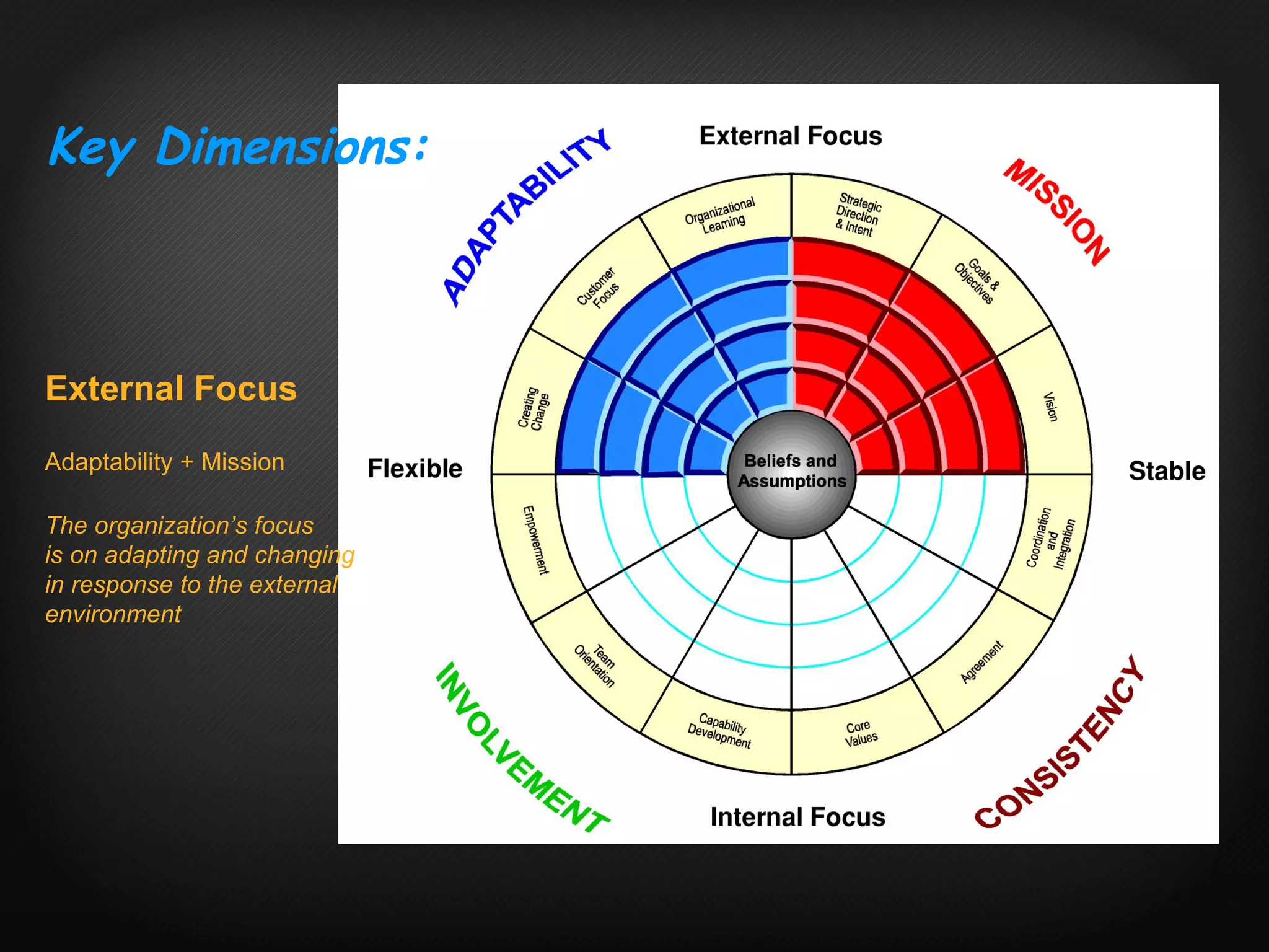 External Focus Adaptability + Mission The organization’s focus  is on adapting and changing in response to the external environment Key Dimensions: 