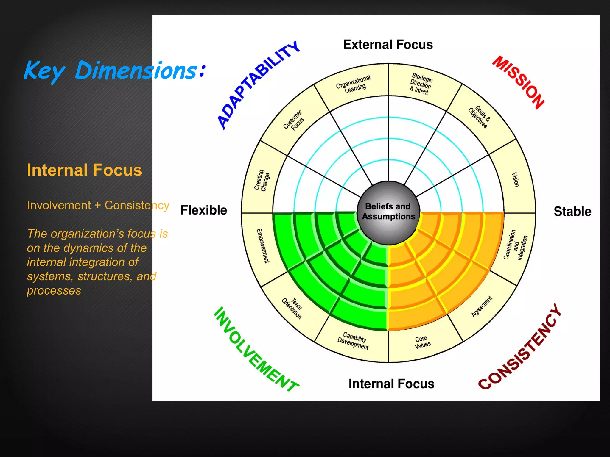 Internal Focus Involvement + Consistency The organization’s focus is on the dynamics of the  internal integration of  systems, structures, and  processes Key Dimensions : 
