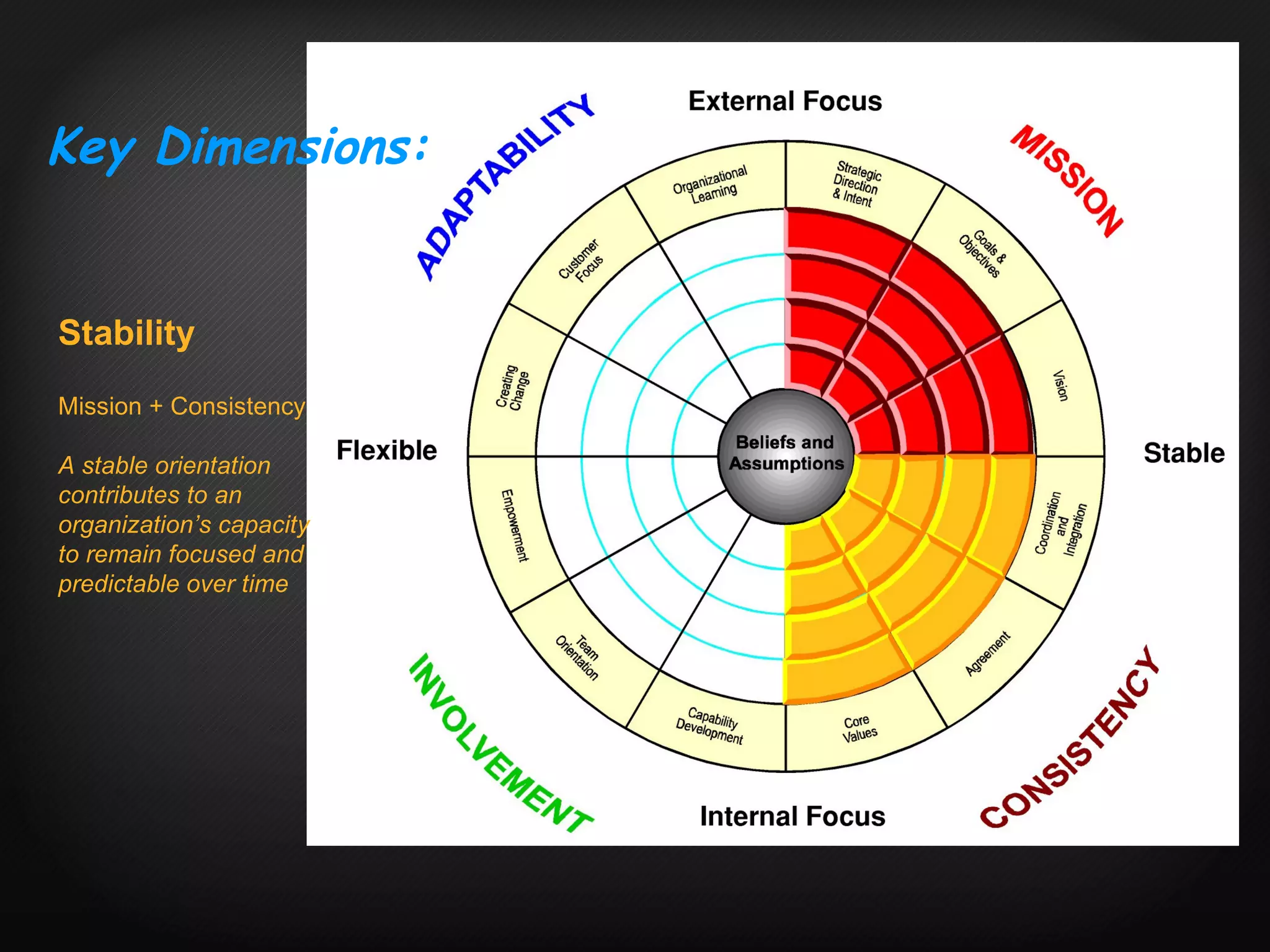 Stability Mission + Consistency A stable orientation contributes to an  organization’s capacity  to remain focused and  predictable over time Key Dimensions: 