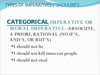 TYPES OF IMPERATIVES (“SHOULDS”) CATEGORICAL  IMPERATIVE OR MORAL IMPERATIVE --ABSOLUTE, A PRIORI, RATIONAL (NO IF’S, AND’S, OR BUT’S) I should not lie I should not kill innocent people I should not steal 