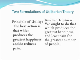 Two Formulations of Utilitarian Theory Principle of Utility: The best action is that which produces the greatest happiness and/or reduces pain. Greatest Happiness:  We ought to do that which produces the greatest happiness and least pain for the greatest number of people. 
