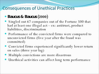 Consequences of Unethical Practices Baucus & Baucus (2000) Singled out 67 companies out of the Fortune 500 that had at least one illegal act – ex: antitrust, product liabilities, discrimination Performance of the convicted firms were compared to unconvicted firms (five year after the fraud was committed) Convicted firms experienced significantly lower return on sales (three year lag) Multiple convictions are more disastrous Unethical activities can affect long term performance 