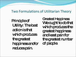 Two Formulations of Utilitarian Theory Principle of Utility: The best action is that which produces the greatest happiness and/or reduces pain. Greatest Happiness:  We ought to do that which produces the greatest happiness and least pain for the greatest number of people. 