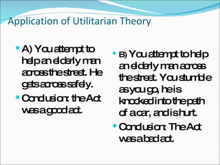 Application of Utilitarian Theory   A) You attempt to help an elderly man across the street. He gets across safely. Conclusion: the Act was a good act. B)  You attempt to help an elderly man across the street. You stumble as you go, he is knocked into the path of a car, and is hurt. Conclusion: The Act was a bad act. 