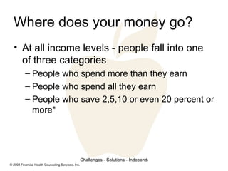 Where does your money go? At all income levels - people fall into one of three categories People who spend more than they earn People who spend all they earn People who save 2,5,10 or even 20 percent or more* 