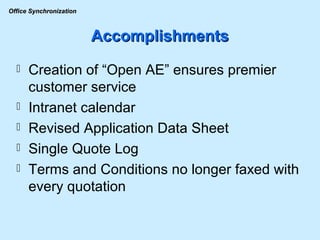 Accomplishments Creation of “Open AE” ensures premier customer service Intranet calendar Revised Application Data Sheet Single Quote Log Terms and Conditions no longer faxed with every quotation 