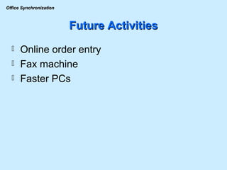 Future Activities Online order entry Fax machine Faster PCs 