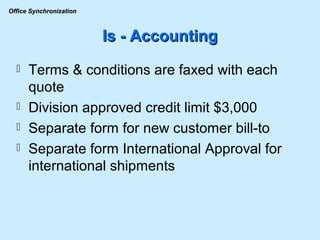 Is - Accounting Terms & conditions are faxed with each quote Division approved credit limit $3,000 Separate form for new customer bill-to Separate form International Approval for international shipments 