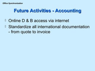 Future Activities - Accounting Online D & B access via internet Standardize all international documentation - from quote to invoice 