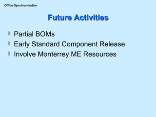 Future Activities Partial BOMs Early Standard Component Release Involve Monterrey ME Resources 