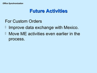 Future Activities For Custom Orders Improve data exchange with Mexico. Move ME activities even earlier in the process. 