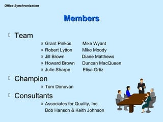 Members Team Grant Pinkos  Mike Wyant Robert Lytton  Mike Moody Jill Brown  Diane Matthews Howard Brown  Duncan MacQueen Julie Sharpe  Elisa Ortiz Champion Tom Donovan Consultants Associates for Quality, Inc. Bob Hanson & Keith Johnson 