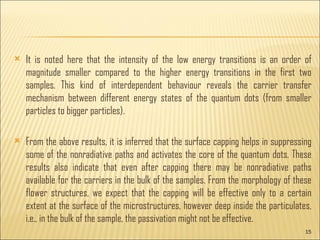 It is noted here that the intensity of the low energy transitions is an order of magnitude smaller compared to the higher energy transitions in the first two samples. This kind of interdependent behaviour reveals the carrier transfer mechanism between different energy states of the quantum dots (from smaller particles to bigger particles). From the above results, it is inferred that the surface capping helps in suppressing some of the nonradiative paths and activates the core of the quantum dots. These results also indicate that even after capping there may be nonradiative paths available for the carriers in the bulk of the samples. From the morphology of these flower structures, we expect that the capping will be effective only to a certain extent at the surface of the microstructures, however deep inside the particulates, i.e., in the bulk of the sample, the passivation might not be effective.