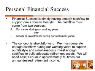 Personal Financial Success Financial Success is simply having enough cashflow to support one’s chosen lifestyle.  The cashflow must come from two sources: Our career during our working years and Assets or Investments during our retirement years The concept is straightforward:  We must generate enough cashflow during our working years to support our lifestyle and simultaneously invest enough cashflow to build adequate retirement assets.  We will need assets equal to approximately 10 times our annual desired retirement income. 