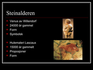 Steinalderen Venus av Willendorf 24000 år gammel Form Symbolsk Hulemaleri Lascaux 15000 år gammelt Proposjoner Form 