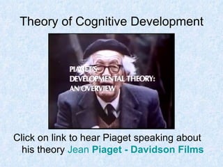 Theory of Cognitive Development Click on link to hear Piaget speaking about his theory  Jean  Piaget  - Davidson Films   