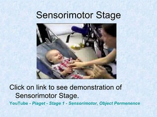 Sensorimotor Stage Click on link to see demonstration of Sensorimotor Stage.  YouTube  -  Piaget  -  Stage 1  -  Sensorimotor , Object  Permenence 